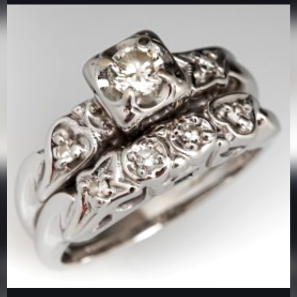 Antique Diamond Wedding Engagement Ring Set